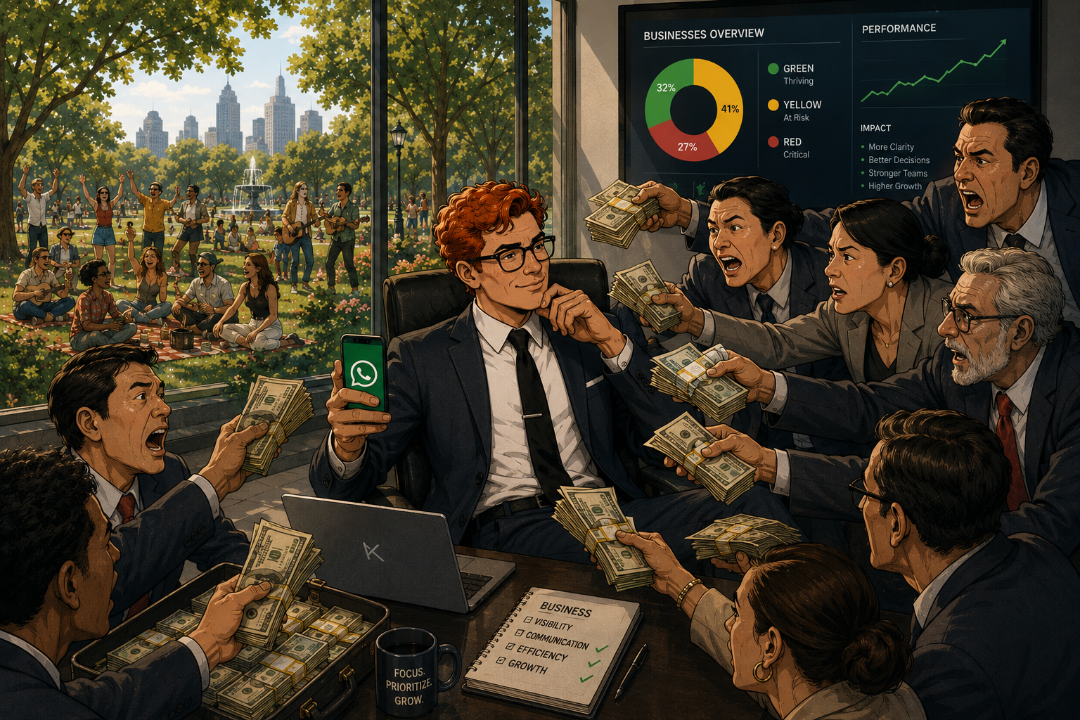 A calm suited figure holds a WhatsApp phone while frantic executives thrust cash at him from every side, a Businesses Overview dashboard showing the Green Yellow Red quality breakdown behind him, the same carefree park crowd visible through the window