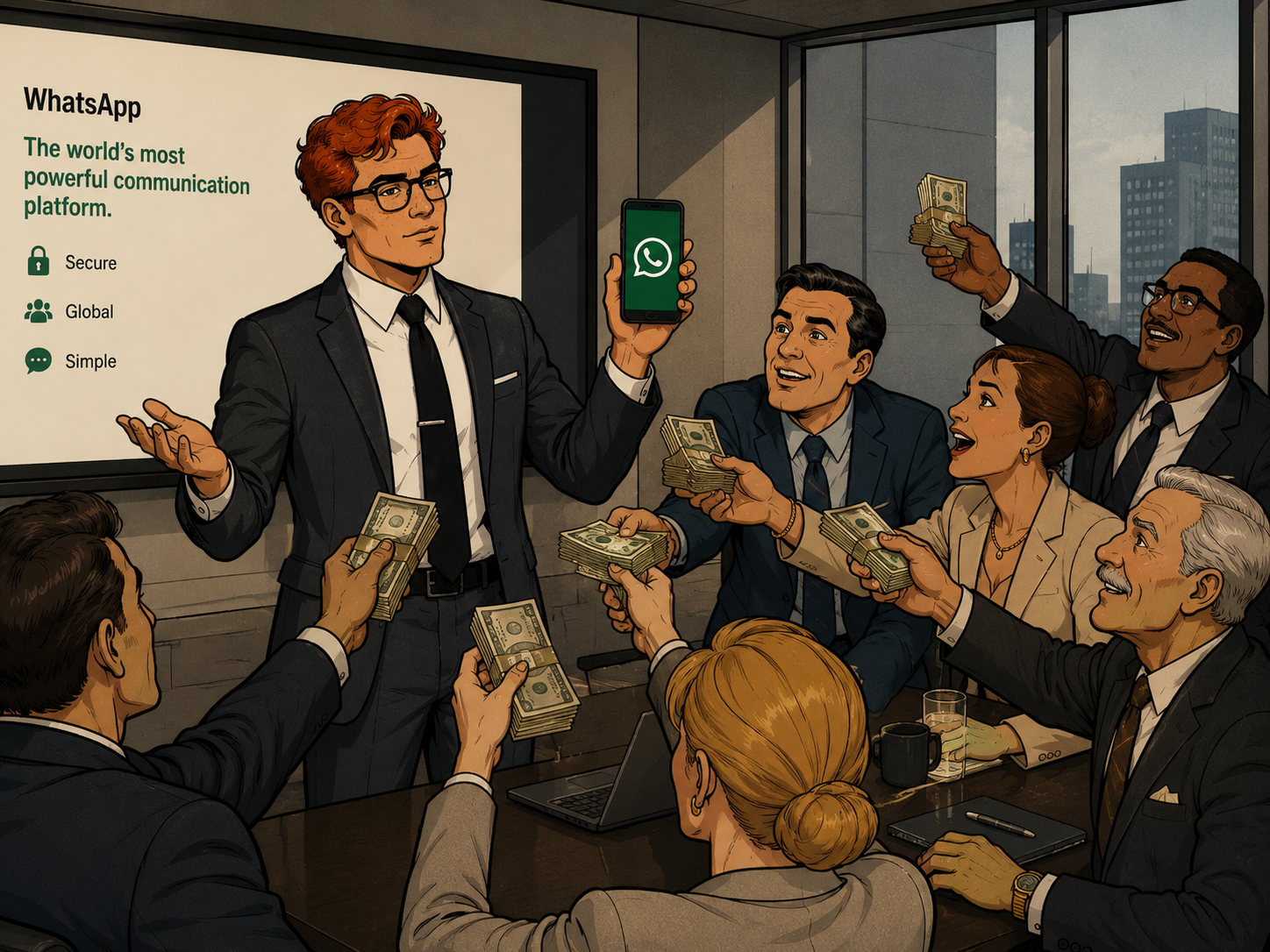 A red-haired presenter holds up a phone showing the WhatsApp logo while a boardroom full of eager executives thrust cash at him, a slide reading WhatsApp — The world's most powerful communication platform behind him
