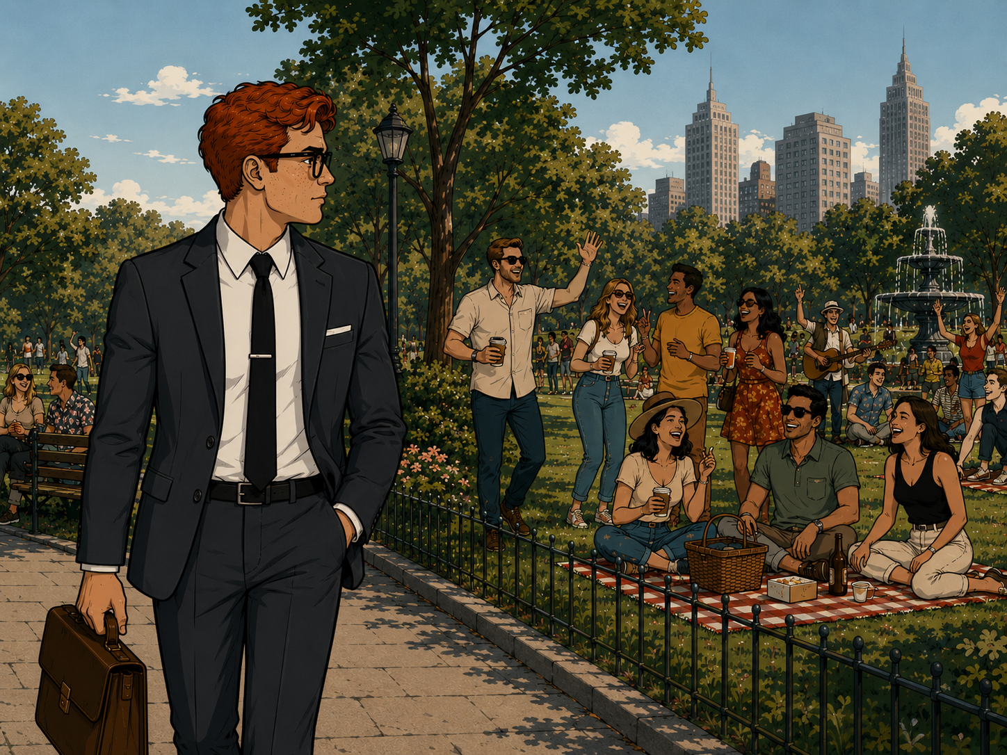 A sharp-suited businessman walks alone along a park path while a joyful diverse crowd picnics and socialises on the grass behind him, city skyline rising in the distance