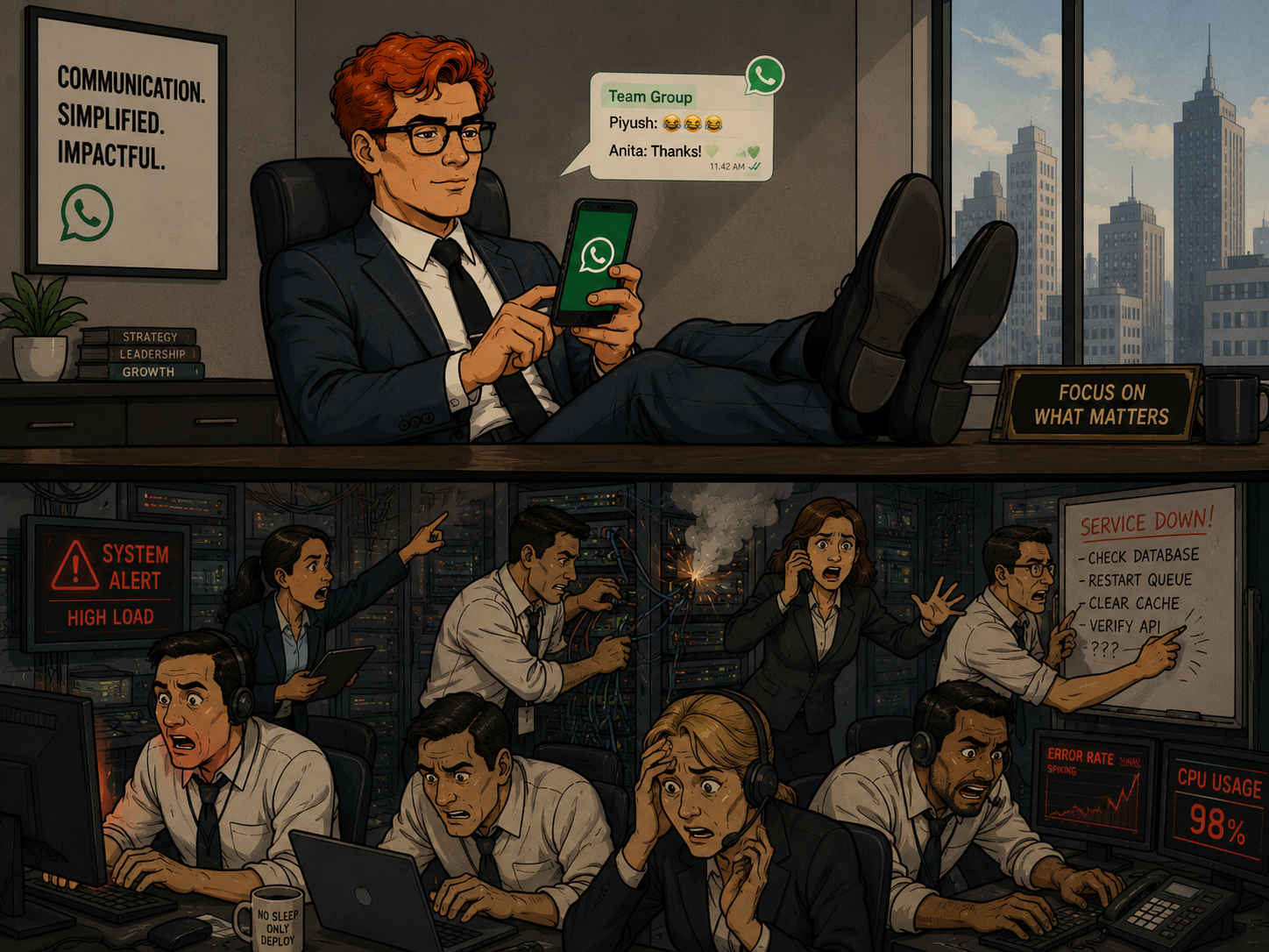 Split scene: top half shows a relaxed executive reclining with his phone browsing a WhatsApp team chat under a poster reading Communication. Simplified. Impactful. — bottom half shows engineers in a panic-stricken war room surrounded by System Alert High Load, Service Down, and CPU Usage 98% alerts