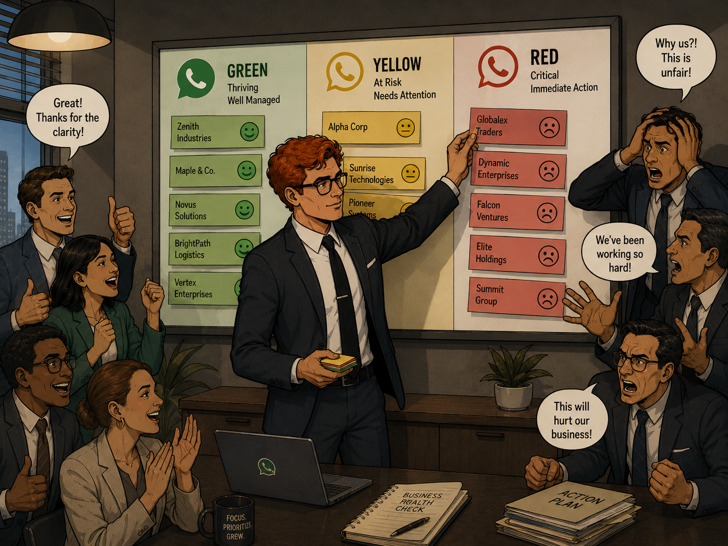A presenter points to a leaderboard of businesses ranked Green Thriving, Yellow At Risk, and Red Critical with WhatsApp quality badges, while businesses in the green column celebrate and those in the red column protest — Why us, This will hurt our business, We've been working so hard