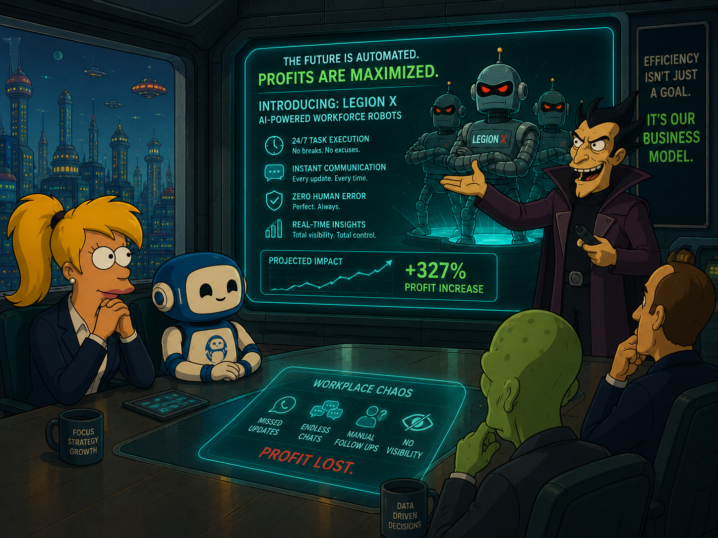 A sharp-suited animated villain presents 'Legion X AI-Powered Workforce Robots' to a darkened 31st-century boardroom promising 327% profit increase, while a skeptical office worker and small friendly robot watch from across the table