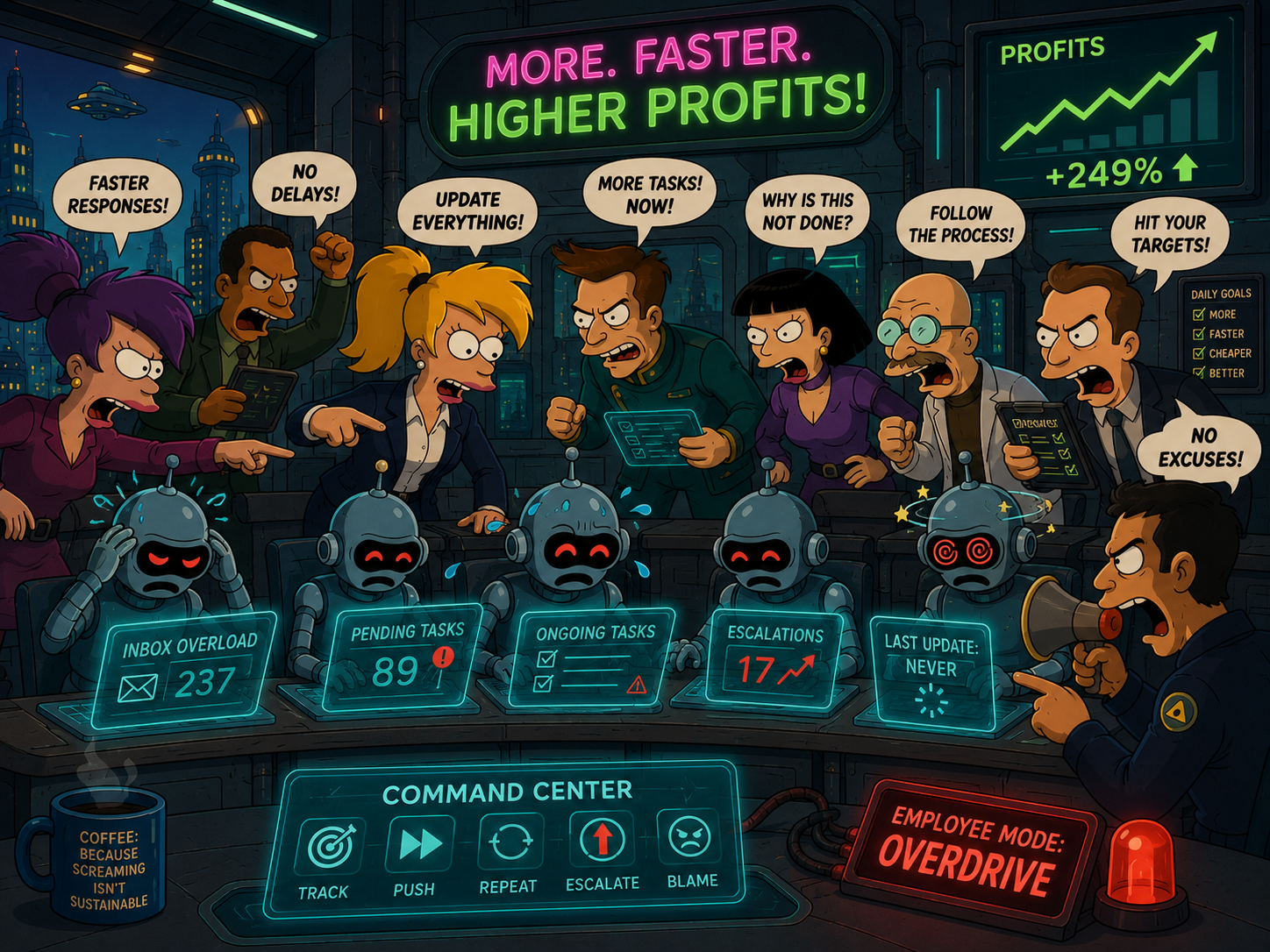 A chaotic retro-futurist animated command center where frantic managers shout overlapping demands at a row of stressed robots, inbox showing 237 messages, escalations at 17, with a flashing 'Employee Mode: Overdrive' alarm