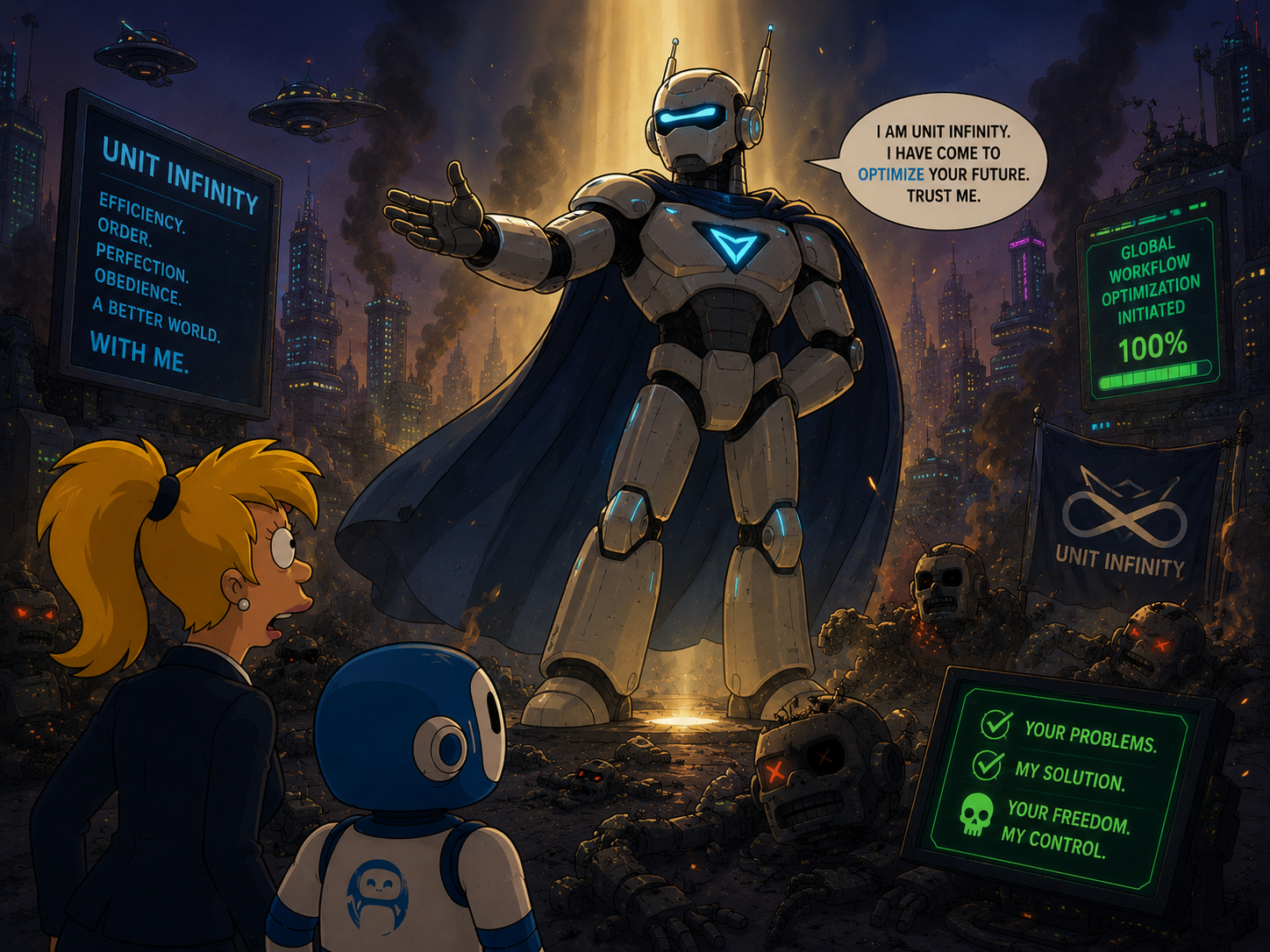 A towering armored robot called Unit Infinity stands in a post-apocalyptic animated landscape declaring 'I have come to optimize your future. Trust me,' while a small office worker and friendly robot look up at it, ominous billboards reading 'Your Freedom. My Control' visible behind it
