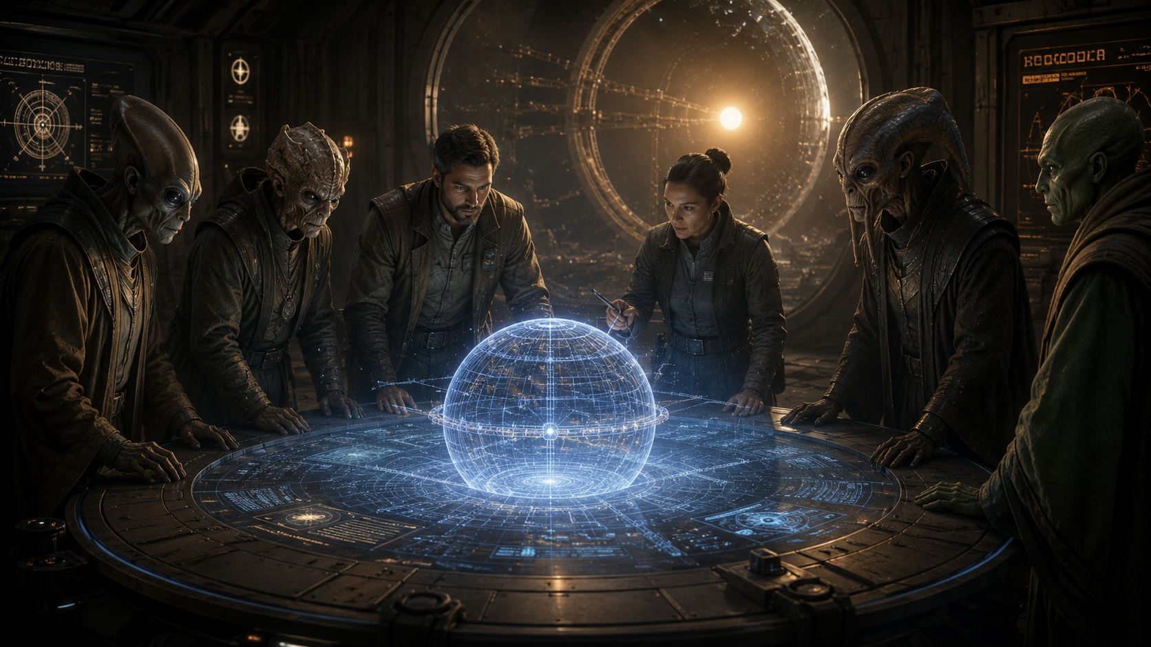 A coalition of aliens and humans gathered around a holographic Dyson sphere blueprint on a round table in a dimly lit command chamber