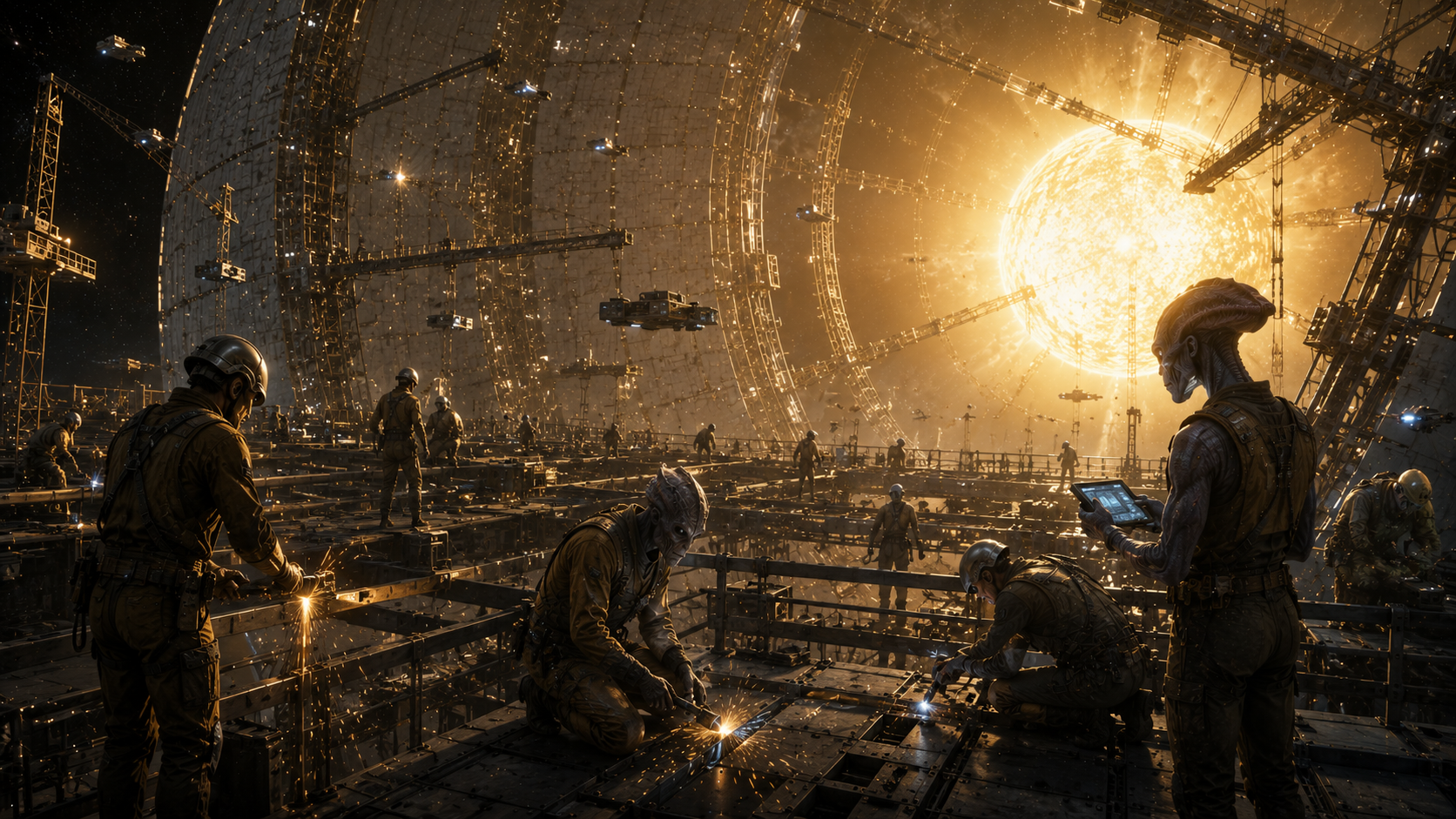 Workers welding Dyson sphere panels at an active construction site, the star burning through the partially-built structure in the background