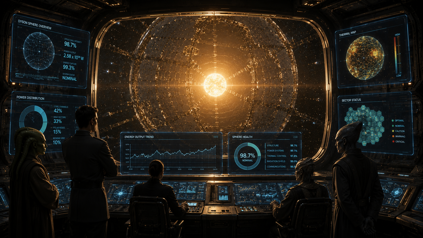 A crew monitoring Dyson sphere health from a command center, surrounded by dashboards showing power distribution, energy output trends, and sphere integrity at 98.7%