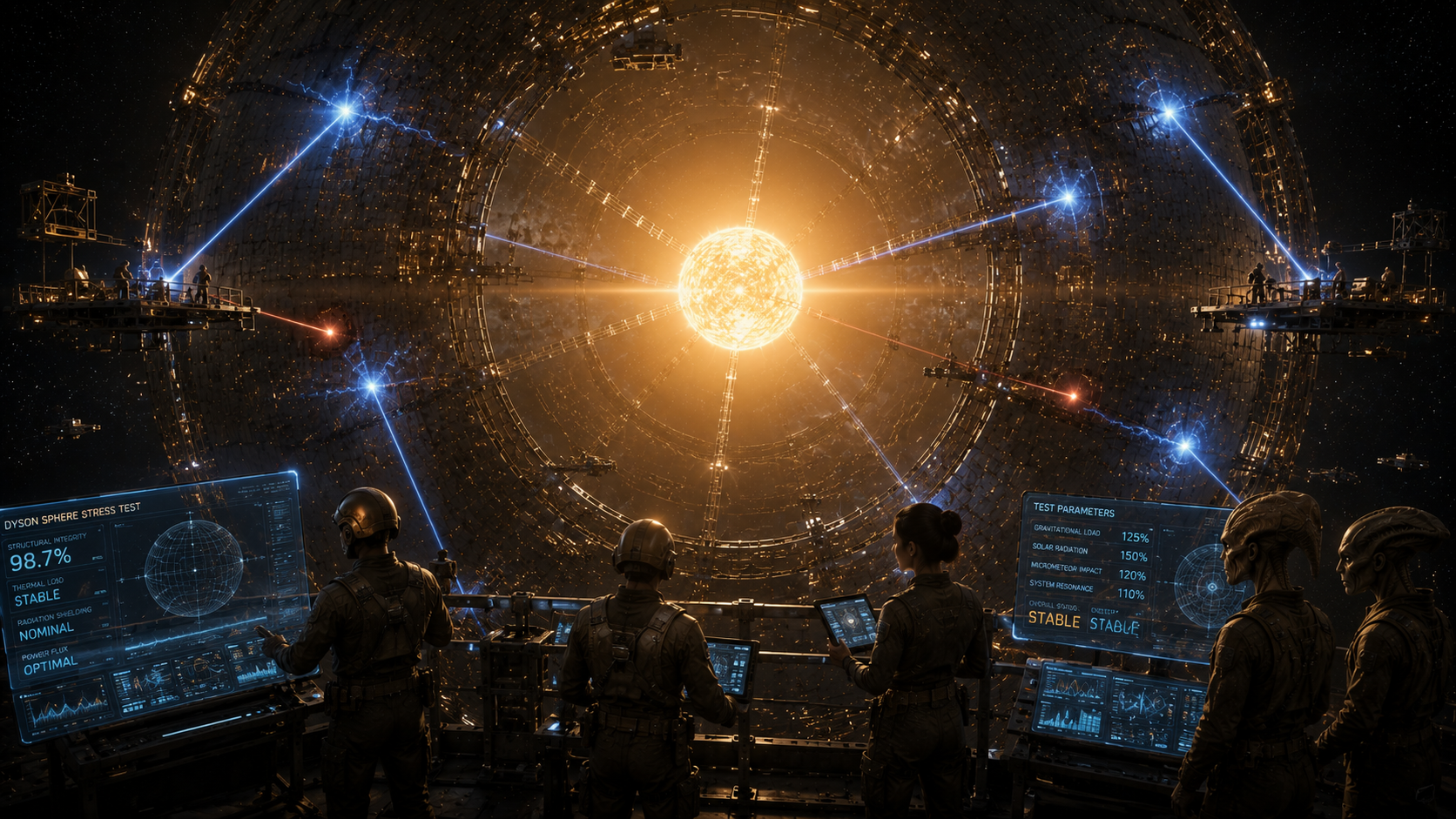 Engineers watching stress test diagnostics as energy beams probe the Dyson sphere structure, readouts showing 98.7% stable across all parameters